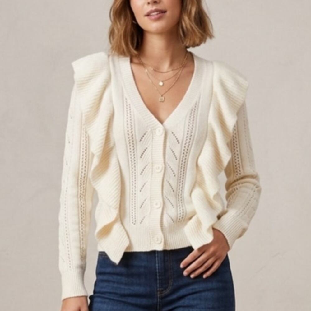 Elan Josalee Button Front Knit Ruffle Cream Cardigan Sweater